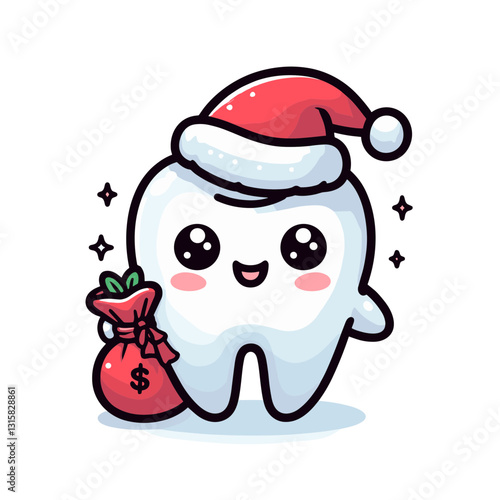 Festive tooth Santa with red hat and money bag vector illustration. Perfect for holiday dental promotions and special Christmas discount programs for dental treatments.