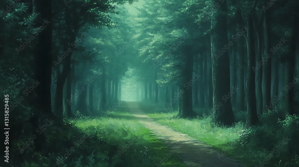 Serene Green Forest Path Leading into the Distance in Soft Light Serene Green Forest Path Leading into the Distance in Soft Light