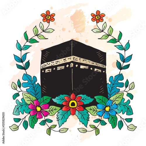 Kaaba in Mecca with Flowers and Islamic Symbols
