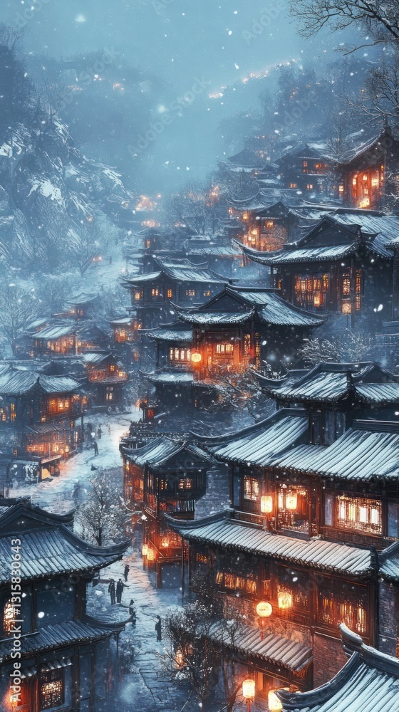 Obraz premium Lanterns emit warm light over a snow-blanketed rustic village under a quiet sky. Vertical.