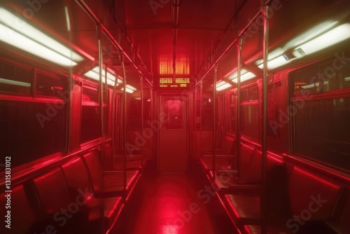 Empty subway train illuminated by red lights, creating an eerie atmosphere in an urban setting