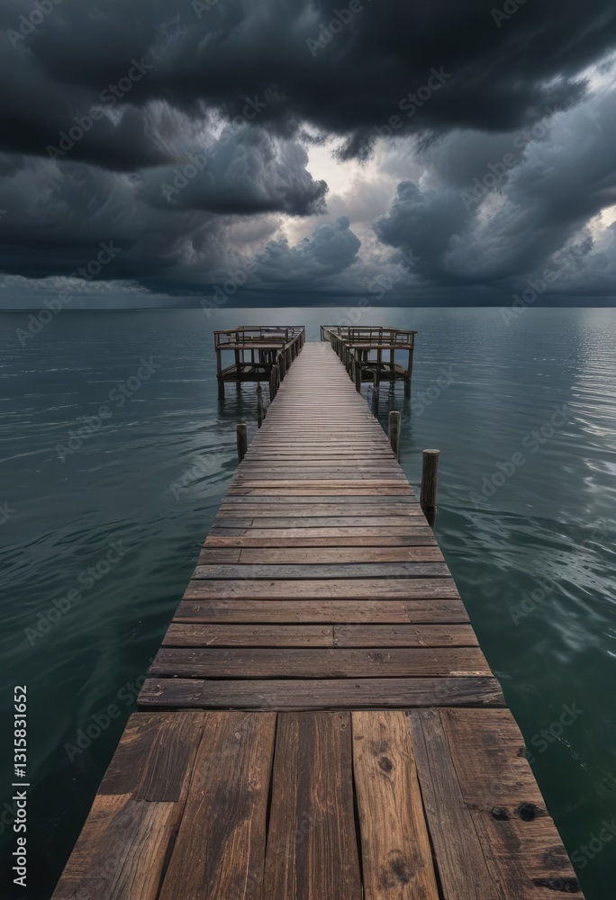 Fototapeta premium A long wooden pier extends out into the water with dark clouds covering the sky and a sense of isolation, isolation, serenity, wooden pier