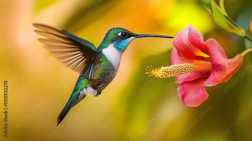 Fototapeta premium Hummingbird in Flight Near a Red Flower