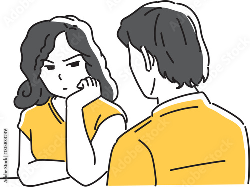 頬杖をついて男性を睨む女性