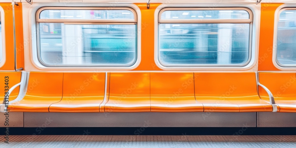 Obraz premium Bright orange subway seats in an urban transit system with blurred motion in the background