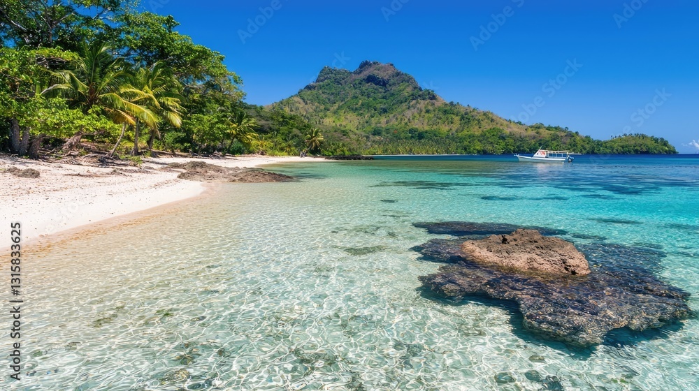 Stunning Tropical Beach with Crystal Clear Water and Rocky Shoreline under Bright Blue Sky in a Serene Island Paradise Stunning Tropical Beach with Crystal Clear Water and Rocky Shoreline under Bright Blue Sky in a Serene Island Paradise