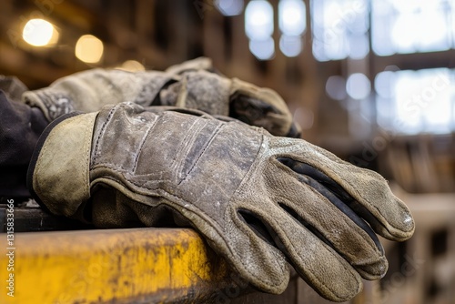 Worn Work Gloves Resting on Industrial Surface in Factory Setting