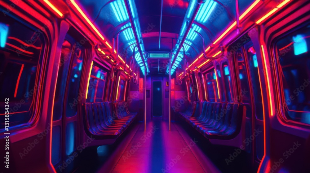 Vibrant neon-lit subway interior with empty seats and colorful lighting effects Vibrant neon-lit subway interior with empty seats and colorful lighting effects