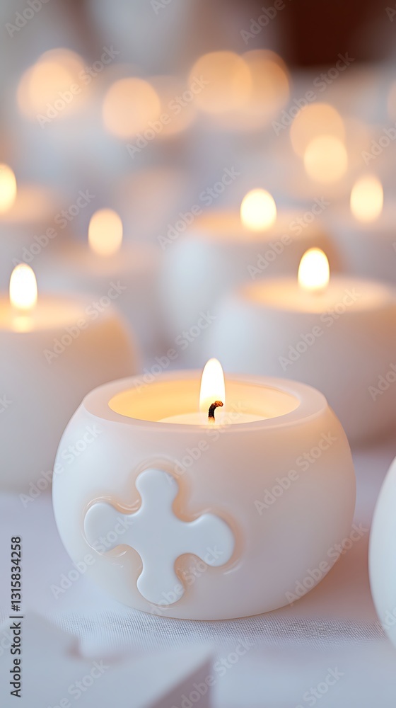 White Cross Candles Lit, Church Setting White Cross Candles Lit, Church Setting