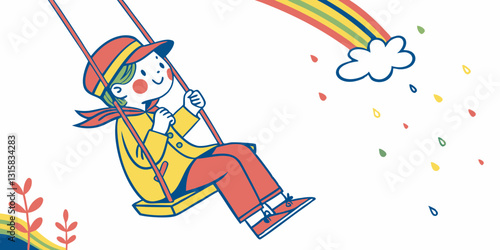 A cheerful child swings under a rainbow, enjoying the moment. Suitable for happiness, positivity, childhood joy, and carefree living content.