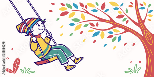 A cheerful child swings under a rainbow, enjoying the moment. Suitable for happiness, positivity, childhood joy, and carefree living content.