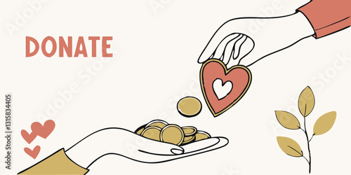  "Donate" graphic with hands, heart, & coins. Use for charity websites, fundraising campaigns, non-profit blogs, social causes, donation drives.