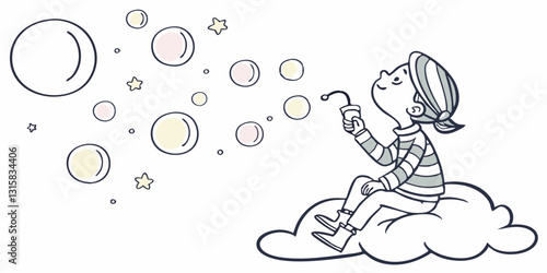 A child sits on a fluffy cloud, lost in thought. Best for fantasy, creativity, imagination, and childhood dream-related content.