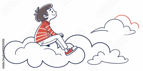 A child sits on a fluffy cloud, lost in thought. Best for fantasy, creativity, imagination, and childhood dream-related content.