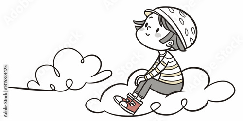 A child sits on a fluffy cloud, lost in thought. Best for fantasy, creativity, imagination, and childhood dream-related content.