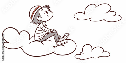 A child sits on a fluffy cloud, lost in thought. Best for fantasy, creativity, imagination, and childhood dream-related content.
