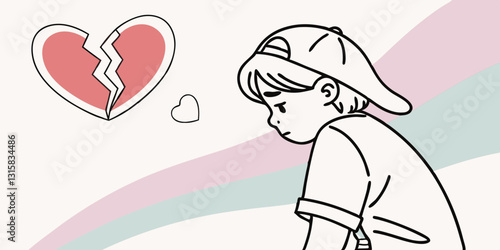 A sad child next to a broken heart symbol. Ideal for blogs on heartbreak, childhood emotions, family relationships, and psychological well-being.