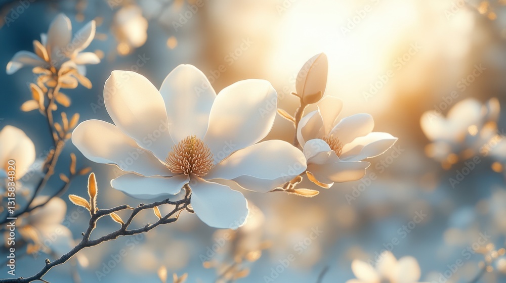 A magnolia tree with large white flowers blooming in spring, soft natural lighting A magnolia tree with large white flowers blooming in spring, soft natural lighting