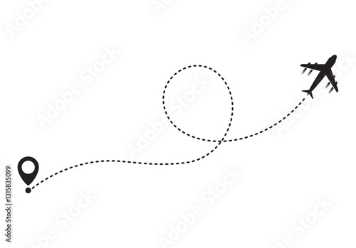 Airplane line path vector icon of air plane flight route with start point and dash line trace