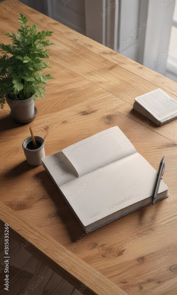 A mockup of a book on a wooden desk with a pencil and paper nearby , mockup object, stationery A mockup of a book on a wooden desk with a pencil and paper nearby , mockup object, stationery