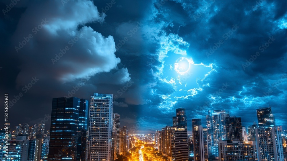 Obraz premium Night Cityscape with Stormy Clouds and Bright Moonlight Skies