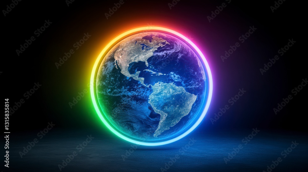 Vibrant Earth Globe with Rainbow Glow in Dark Background Vibrant Earth Globe with Rainbow Glow in Dark Background