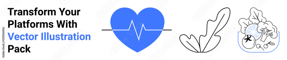 Blue heart with heartbeat line, leaf, creative nature symbols promoting wellness, sustainability, and innovation. Ideal for health, ecology, creativity, tech wellness branding education flat Blue heart with heartbeat line, leaf, creative nature symbols promoting wellness, sustainability, and innovation. Ideal for health, ecology, creativity, tech wellness branding education flat
