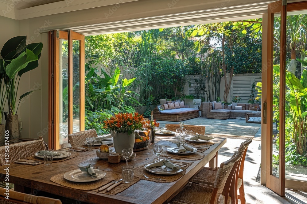 Fototapeta premium Wooden dining table set with patio view. Ideal for articles about home design, luxury living, or outdoor spaces.