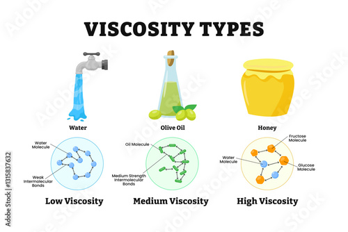 Different types of viscosity types. Fluid's resistance to flow. Labeled water, olive oil, honey, with low, medium and high viscosity. Smoother movement. Vector illustration. Physic educational.