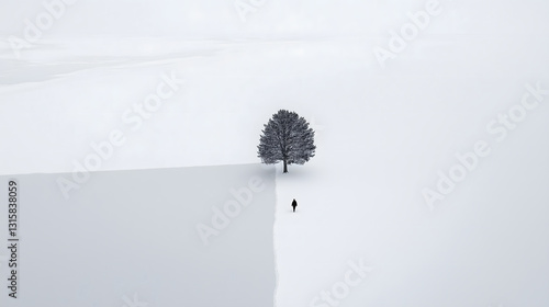 lone figure walks towards solitary tree in vast, snow covered landscape, creating striking contrast between light and shadow. minimalistic composition emphasizes isolation and tranquility