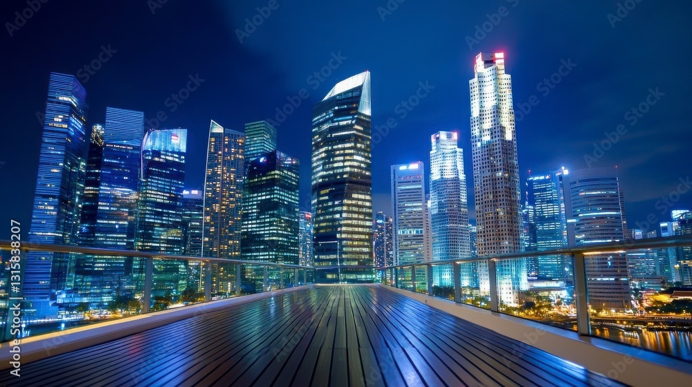 Obraz premium Nighttime Cityscape with Illuminated Skyscrapers and Modern Architecture