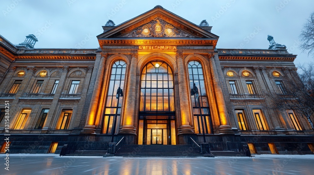 Obraz premium Elegant Historic Building with Lit Entrance at Dusk in Winter Scene