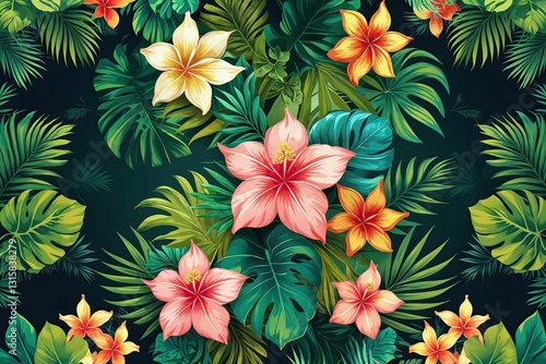 Tropical Floral Design Vector: Exotic Botanical Backdrop with Lush Green Foliage and Stylish Decoration