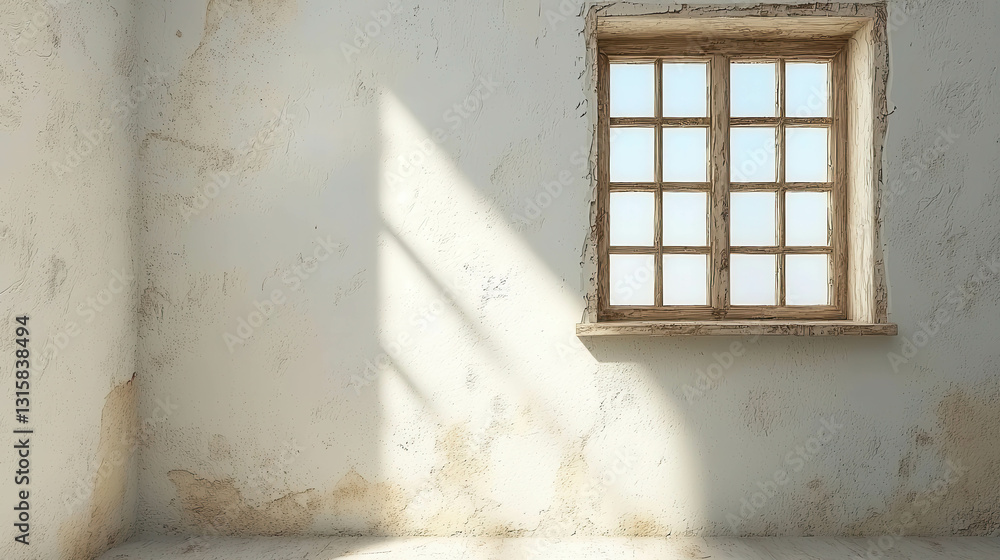 Obraz premium Bright Interior with Window Casting Shadows on Plain Wall Texture in Minimalist Style