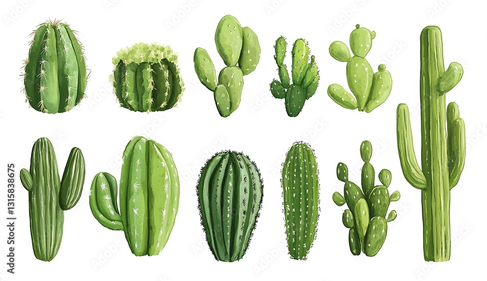 Cacti Displayed in Various Shapes and Sizes for Botanical Themes Cacti Displayed in Various Shapes and Sizes for Botanical Themes