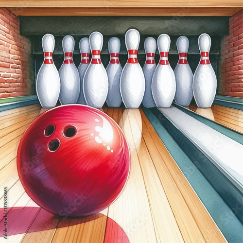 A vibrant watercolor illustration of a bowling alley featuring a bright bowling ball rolling towards a set of white pins, showcasing a fun atmosphere. EPS 10 version.