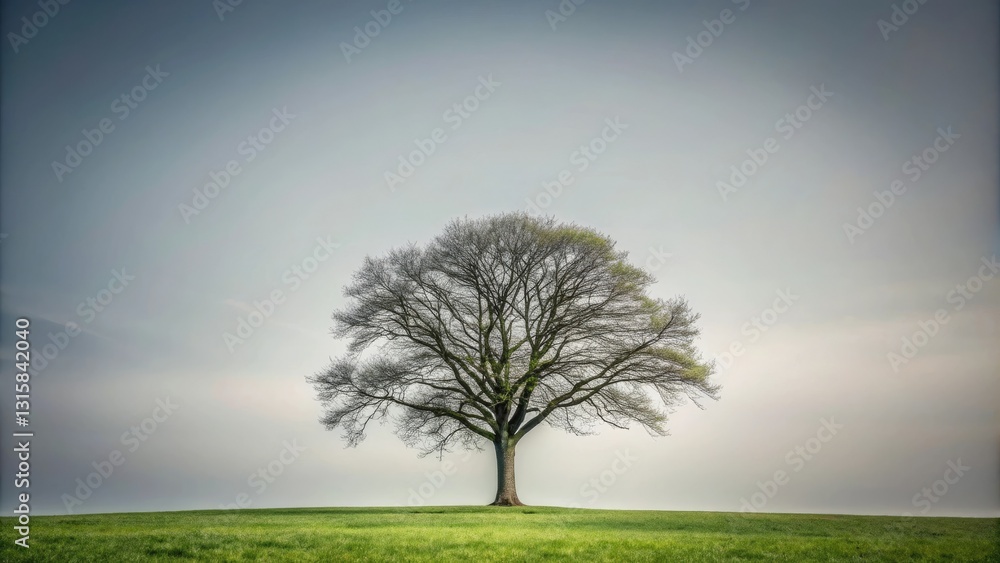 Fototapeta premium A solitary tree stands isolated against a vast gray background, its branches stretching towards the sky like nature's own work of art, serene atmosphere, trees, greenery, gray landscape, foliage