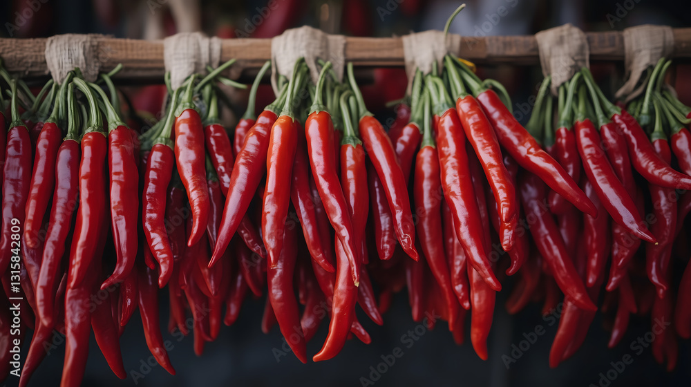 Red chili peppers hanging in bunches to dry, tied with natural fiber twine on wooden rod. vibrant red color contrasts with rustic background, emphasizing their spicy and flavorful nature Red chili peppers hanging in bunches to dry, tied with natural fiber twine on wooden rod. vibrant red color contrasts with rustic background, emphasizing their spicy and flavorful nature