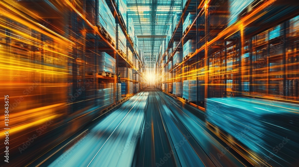 A futuristic warehouse with high-speed motion blur, capturing the efficiency of logistics and automation in a modern supply chain. Ideal for technology, industry, and transportation themes A futuristic warehouse with high-speed motion blur, capturing the efficiency of logistics and automation in a modern supply chain. Ideal for technology, industry, and transportation themes
