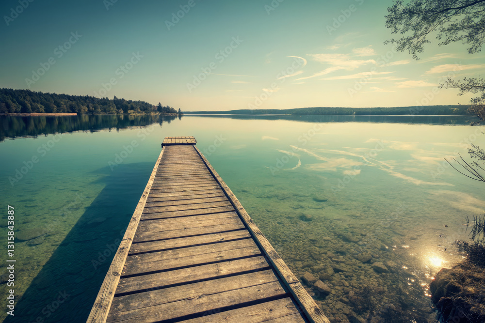 Fototapeta premium serene wooden dock extends over tranquil lake, surrounded by lush greenery and reflecting clear blue sky. peaceful atmosphere invites relaxation and contemplation