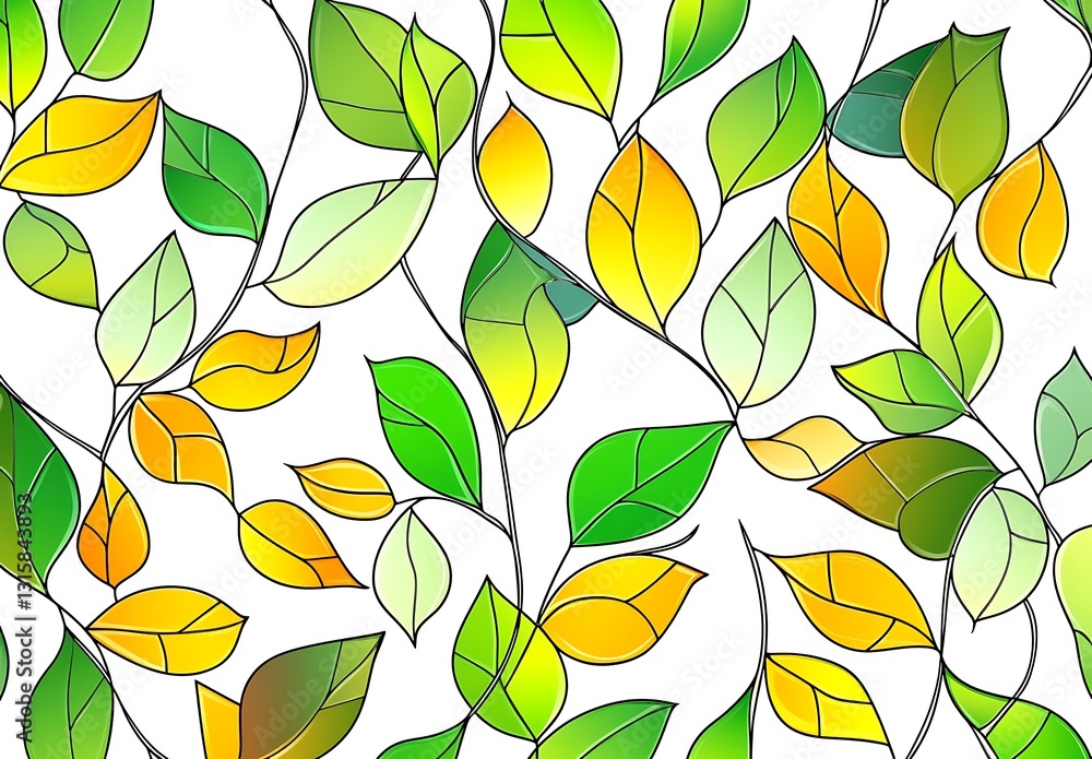 Stained Glass Style Background with Leaf Pattern in Green and Yellow