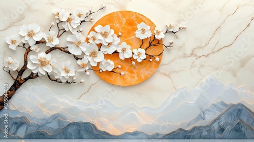 Serene image of white blossoms on a branch against a backdrop of mountains and an orange circle, evoking a peaceful mood.
