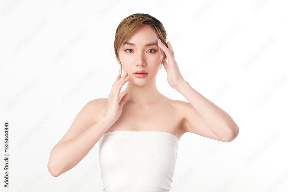 A beautiful young Asian woman with clean, fresh skin against a white background. She represents beauty, skincare, and spa treatments. A beautiful young Asian woman with clean, fresh skin against a white background. She represents beauty, skincare, and spa treatments.