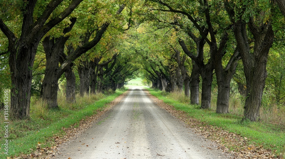 Naklejka premium Picturesque Dirt Road Through an Archway of Lush Green Trees and Autumn Leaves in a Tranquil Countryside Setting