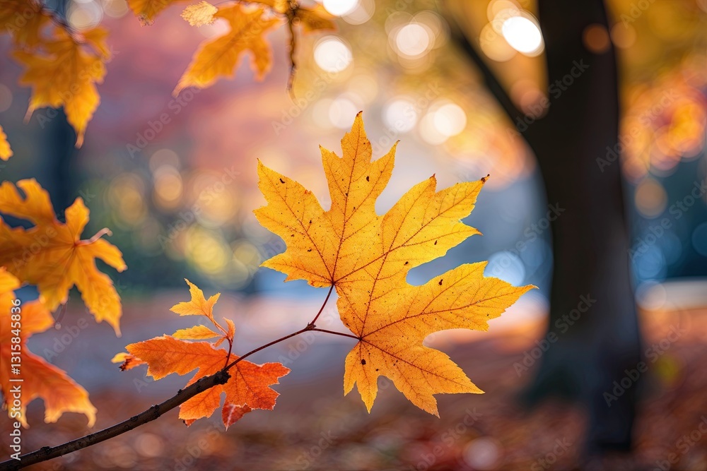 Vibrant Golden Autumn Leaves with Softly Blurred Background and Rich Colors Vibrant Golden Autumn Leaves with Softly Blurred Background and Rich Colors