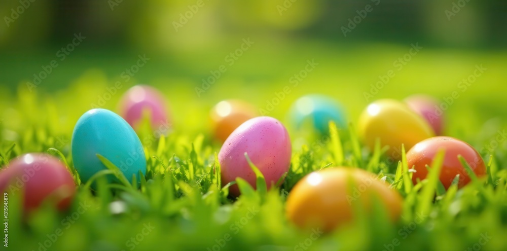Brightly colored eggs nestled in vibrant green grass, a springtime scene of joyful celebration Brightly colored eggs nestled in vibrant green grass, a springtime scene of joyful celebration