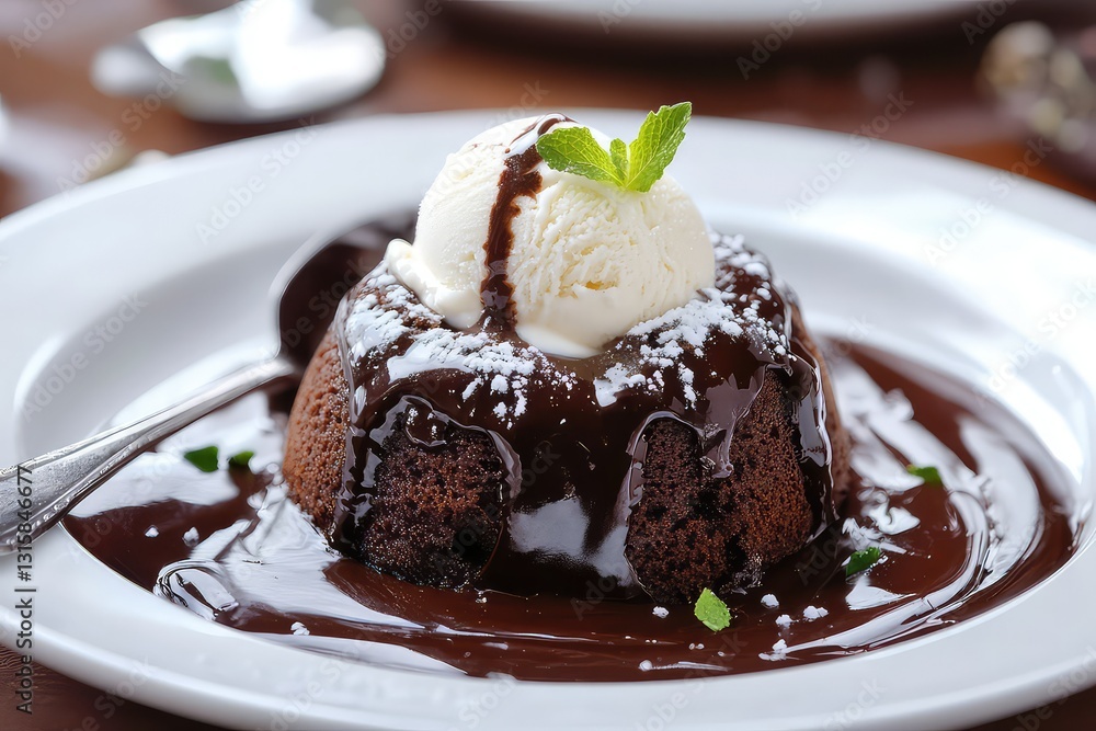 Classic chocolate lava cake with ice cream and a spoon, ready to be enjoyed. Classic chocolate lava cake with ice cream and a spoon, ready to be enjoyed.