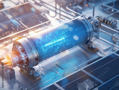A cross-section of a hydrogen fuel cell glows with blue plasma, with a solar panel production line blurred in the background, captured in a technical realism style that highlights the intricate detail