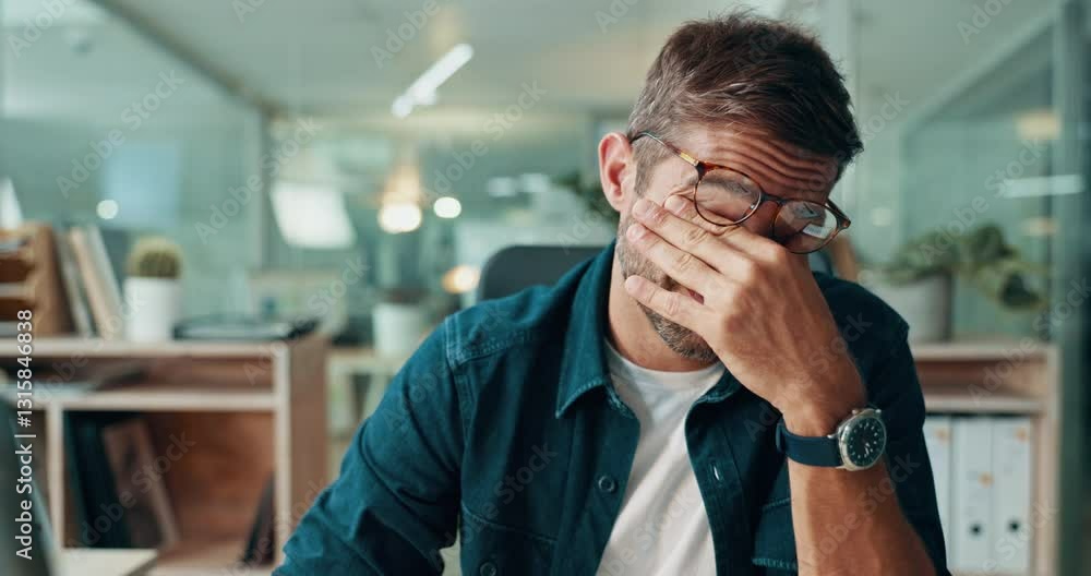 Stress, eye strain and businessman in office with budget, report and deadline for global client. Burnout, tired and financial advisor with fatigue for overtime, headache and frustrated with migraine Stress, eye strain and businessman in office with budget, report and deadline for global client. Burnout, tired and financial advisor with fatigue for overtime, headache and frustrated with migraine