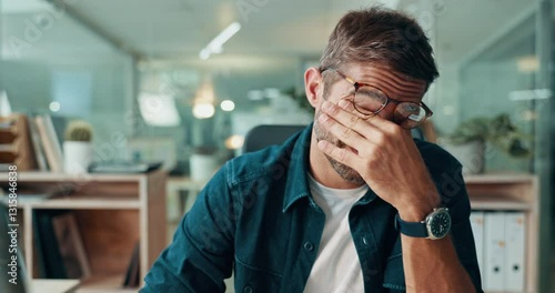 Stress, eye strain and businessman in office with budget, report and deadline for global client. Burnout, tired and financial advisor with fatigue for overtime, headache and frustrated with migraine